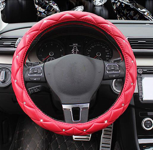 Leather Steering Wheel Covers Crystal Studded Rhinestone Car Steering-Wheel Cover Cases Pink Car Interior Accessories For Girls