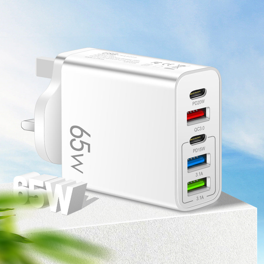 Standard PD65W mobile phone charger 4A type-c PD+3USB multi port European, American, English travel charging head