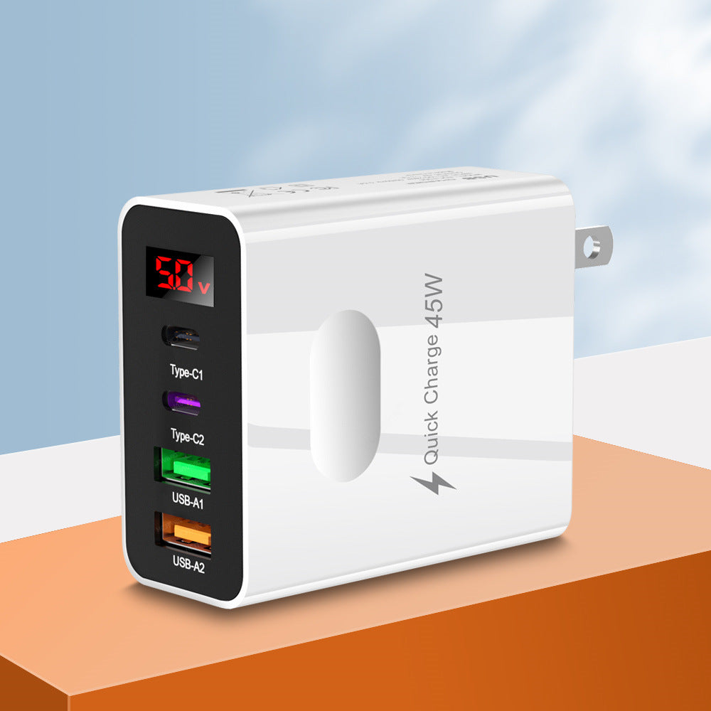 Digital display 2USB+2Type-c digital display mobile phone charger, multi port charging head, European, American and British standard plug