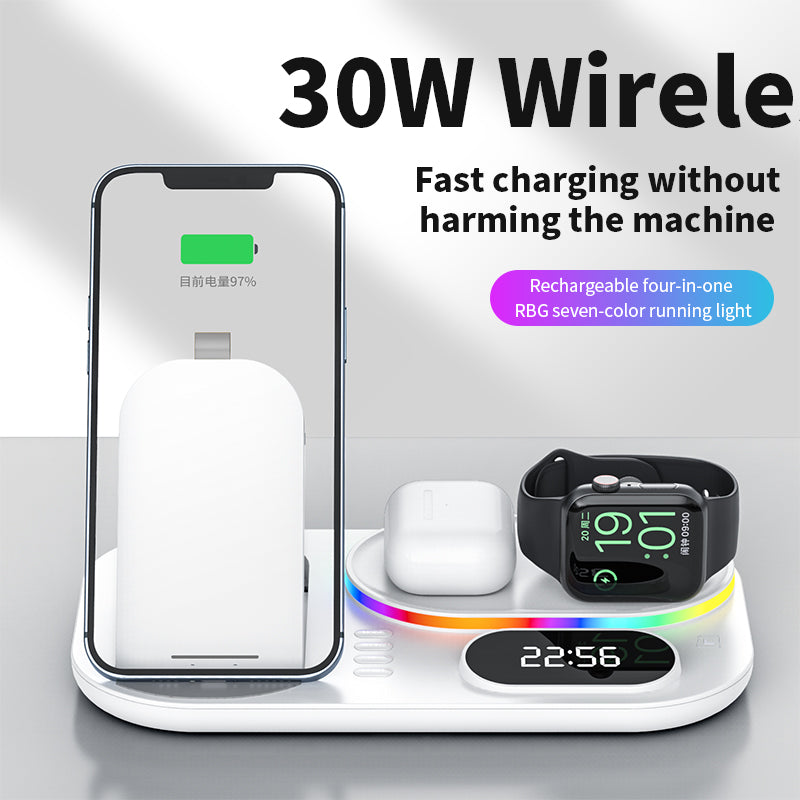 New Three-In-One Wireless Charger With Clock Fast Charging Rgb Atmosphere Light Multi-Function Wireless Charger For Mobile Phone