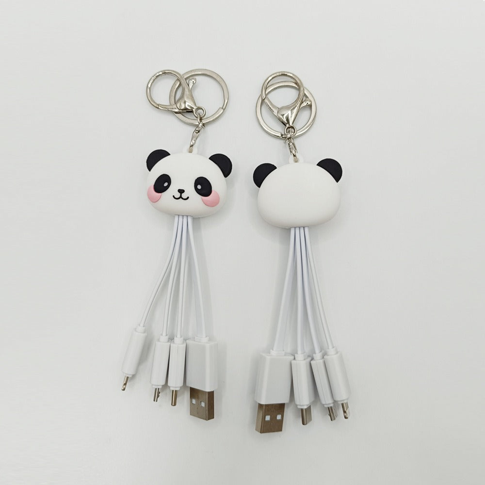 Cartoon Panda One Drag Three Data Wires Cute Keychain Panda Three in One Fast Charging Mobile Phone Charging Cable