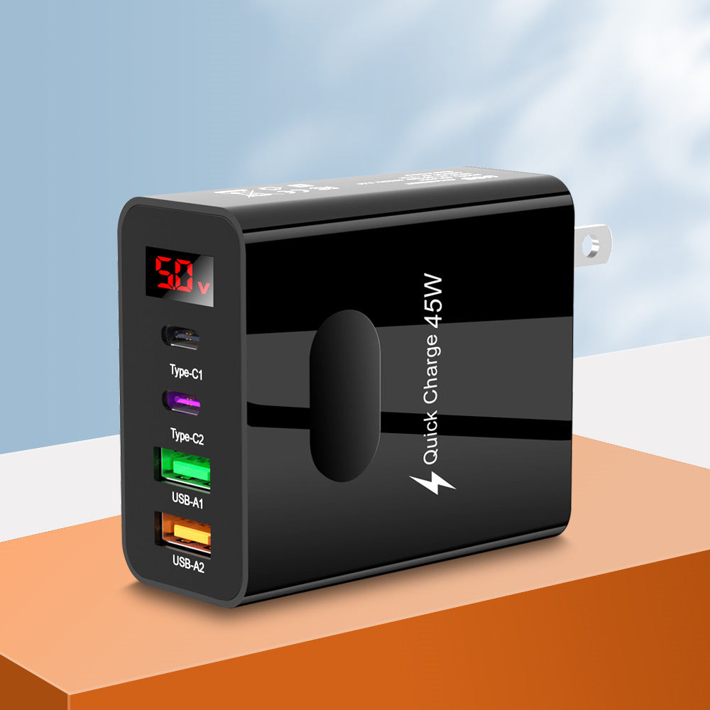 Digital display 2USB+2Type-c digital display mobile phone charger, multi port charging head, European, American and British standard plug